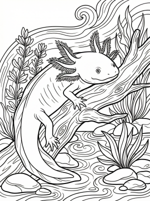 A serene axolotl, a unique amphibian, resting its head peacefully on a smooth piece of driftwood, ready for detailed coloring by teens and adults.