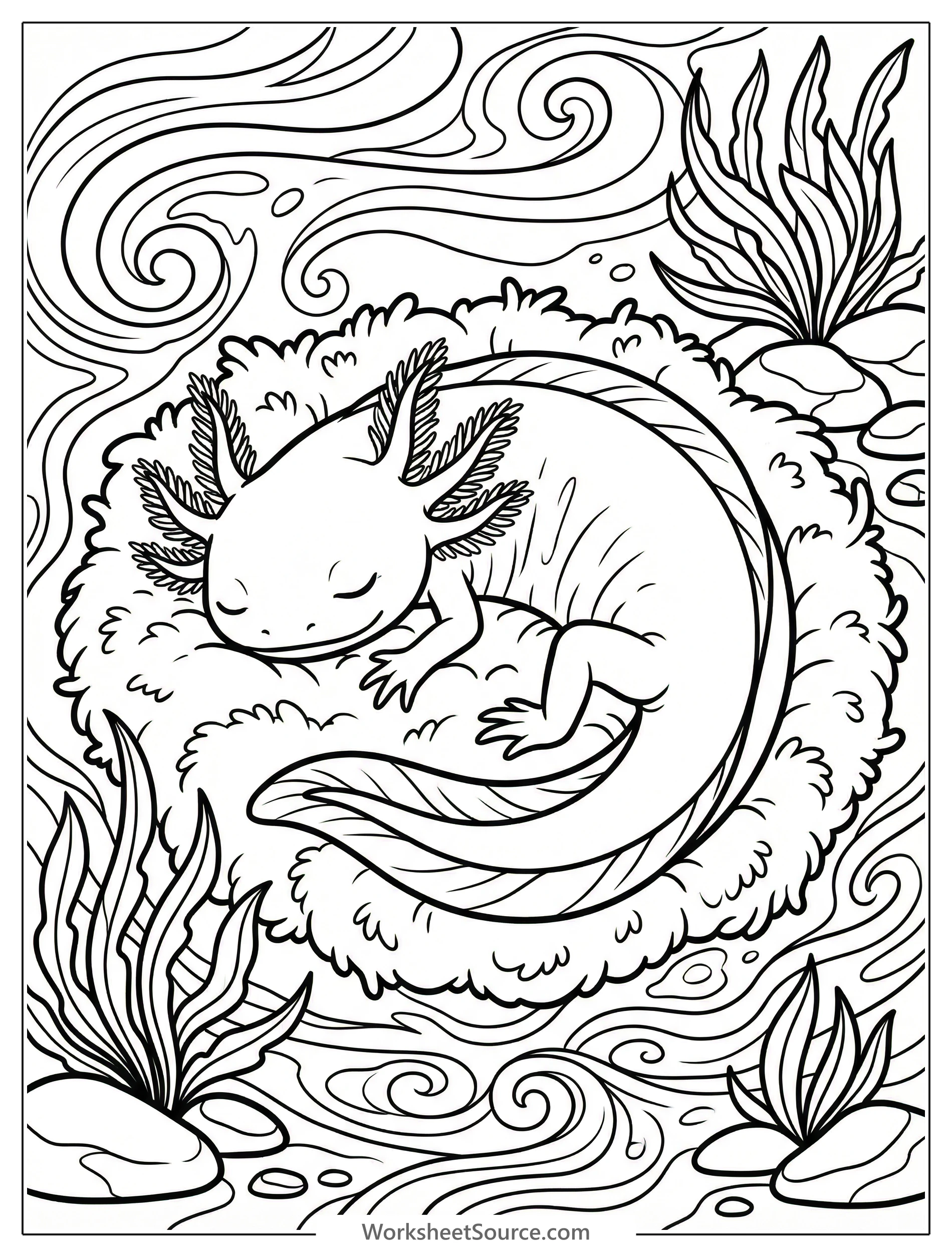 Detailed coloring page featuring a cute axolotl sleeping peacefully on a soft bed of green underwater moss, surrounded by gentle aquatic plant details.