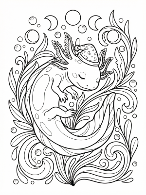 An adorable axolotl is depicted sleeping soundly, wearing a tiny striped nightcap, offering a peaceful and detailed scene for coloring.