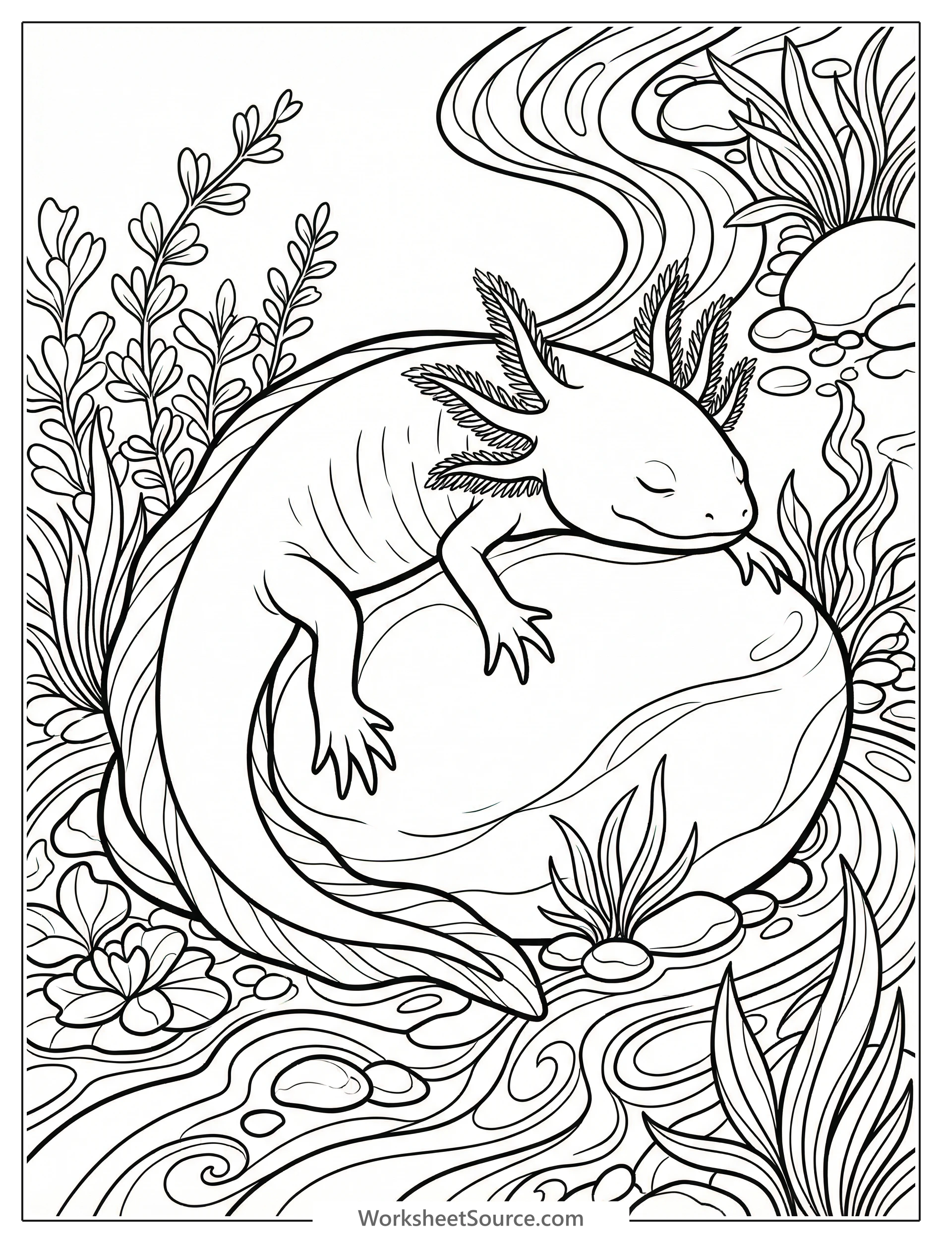 A peacefully sleeping axolotl, a unique amphibian, rests draped over a smooth, flat rock in a detailed, grayscale coloring page design.