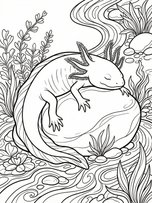 A peacefully sleeping axolotl, a unique amphibian, rests draped over a smooth, flat rock in a detailed, grayscale coloring page design.