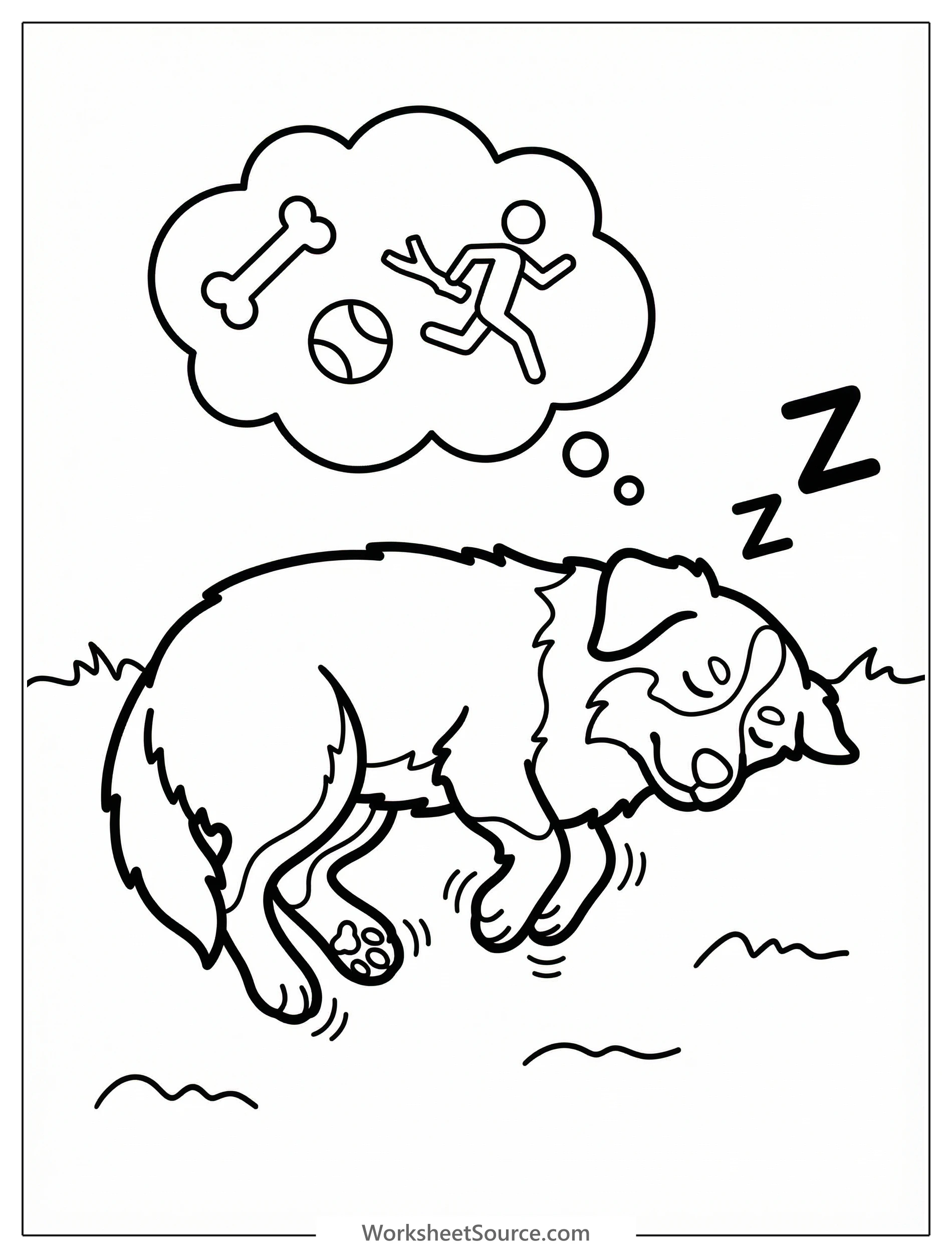 Outline drawing of a fluffy Australian Shepherd dog curled up and fast asleep. Its paws are twitching as if dreaming, with a gentle smile on its face. Ready for coloring.