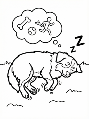 Outline drawing of a fluffy Australian Shepherd dog curled up and fast asleep. Its paws are twitching as if dreaming, with a gentle smile on its face. Ready for coloring.