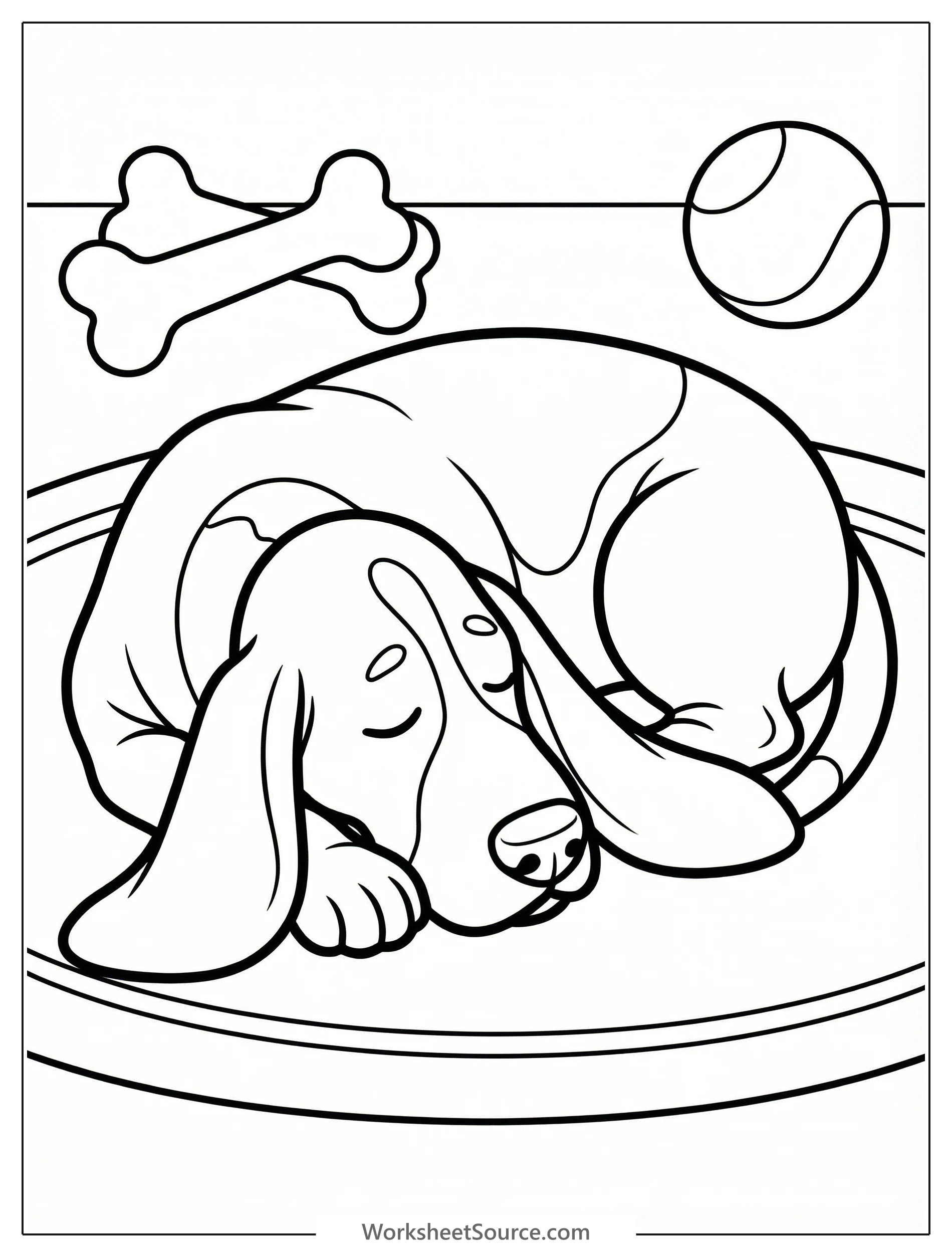 Outline drawing of a calm basset hound dog sleeping peacefully. Its distinct long floppy ears cover its closed eyes, resting on the floor.