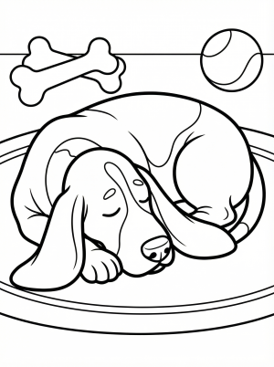 Outline drawing of a calm basset hound dog sleeping peacefully. Its distinct long floppy ears cover its closed eyes, resting on the floor.