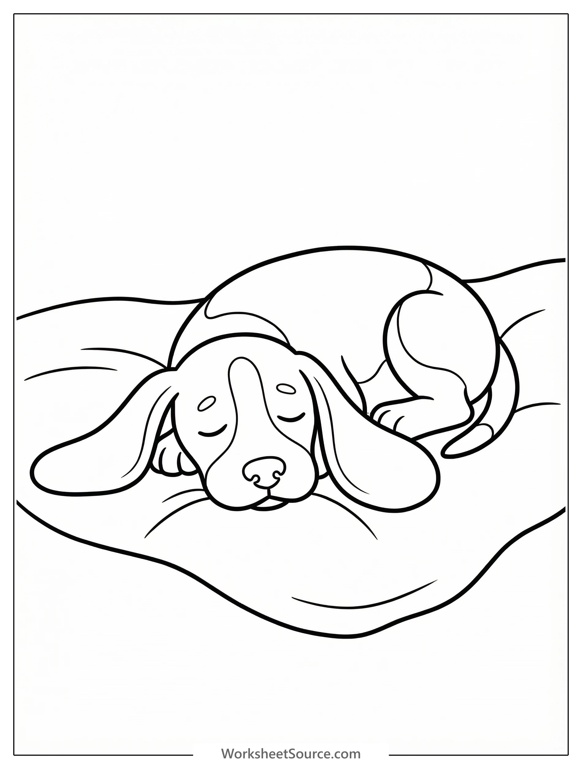 A cartoon beagle dog is sound asleep, lying on its side with its long floppy ears spread out on the ground. Its eyes are closed and it looks very peaceful.