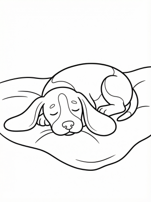 A cartoon beagle dog is sound asleep, lying on its side with its long floppy ears spread out on the ground. Its eyes are closed and it looks very peaceful.