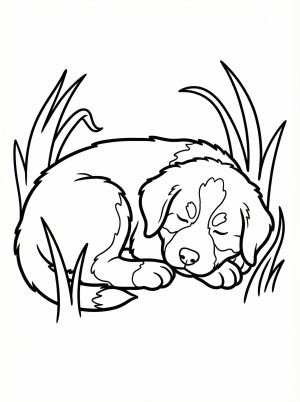 A fluffy Bernese Mountain Dog puppy is curled up fast asleep in a field of tall green grass, creating a peaceful and serene image for coloring.
