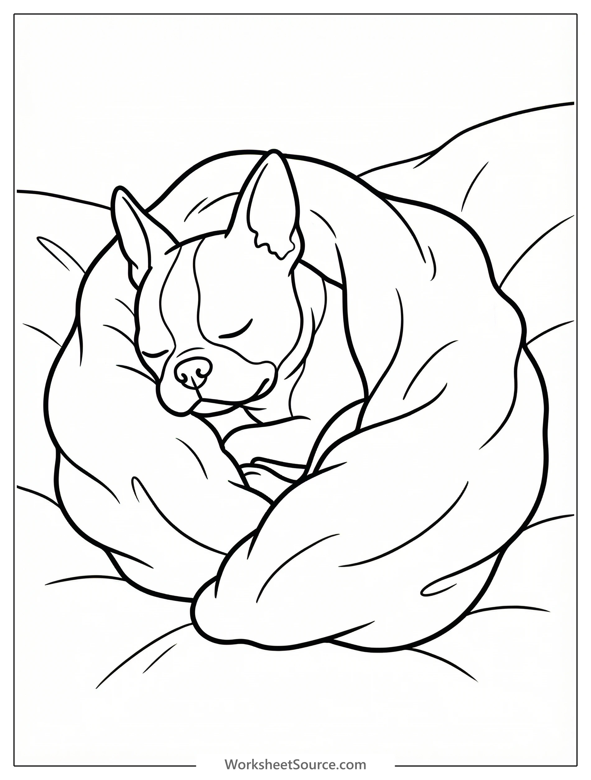 A cute Boston Terrier puppy is sound asleep and curled up under a soft, cozy blanket. The dog's face is serene, depicting peaceful slumber.