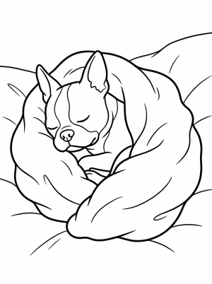 A cute Boston Terrier puppy is sound asleep and curled up under a soft, cozy blanket. The dog's face is serene, depicting peaceful slumber.