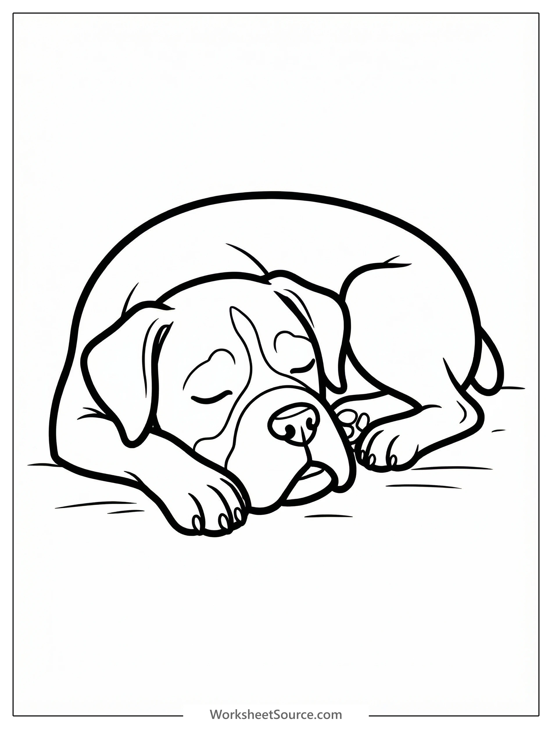 A cute boxer dog sleeps peacefully, curled up with its head resting gently on its paws. The simple line art drawing is perfect for coloring.
