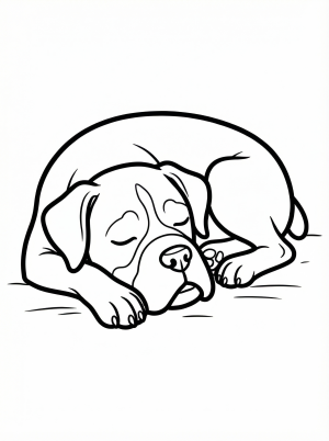 A cute boxer dog sleeps peacefully, curled up with its head resting gently on its paws. The simple line art drawing is perfect for coloring.