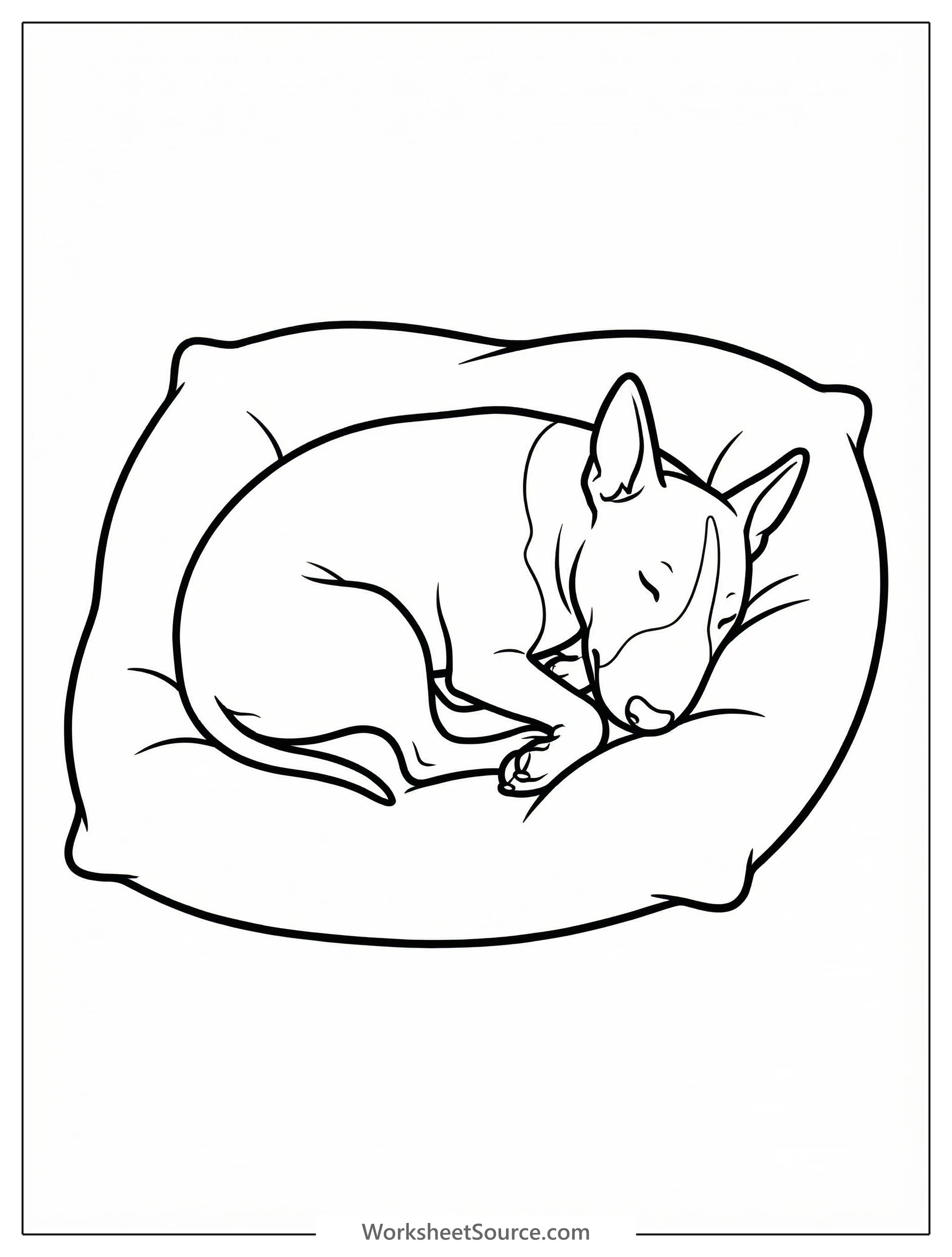 Cartoon bull terrier dog sleeping soundly on a plush cushion. Its distinctive egg-shaped head is visible, showing a peaceful expression and closed eyes.