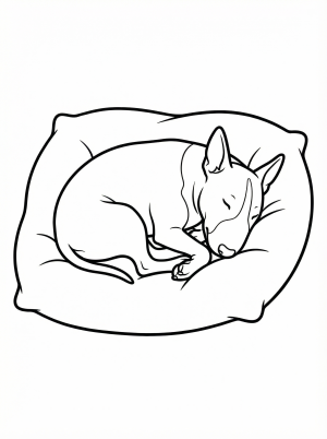 Cartoon bull terrier dog sleeping soundly on a plush cushion. Its distinctive egg-shaped head is visible, showing a peaceful expression and closed eyes.