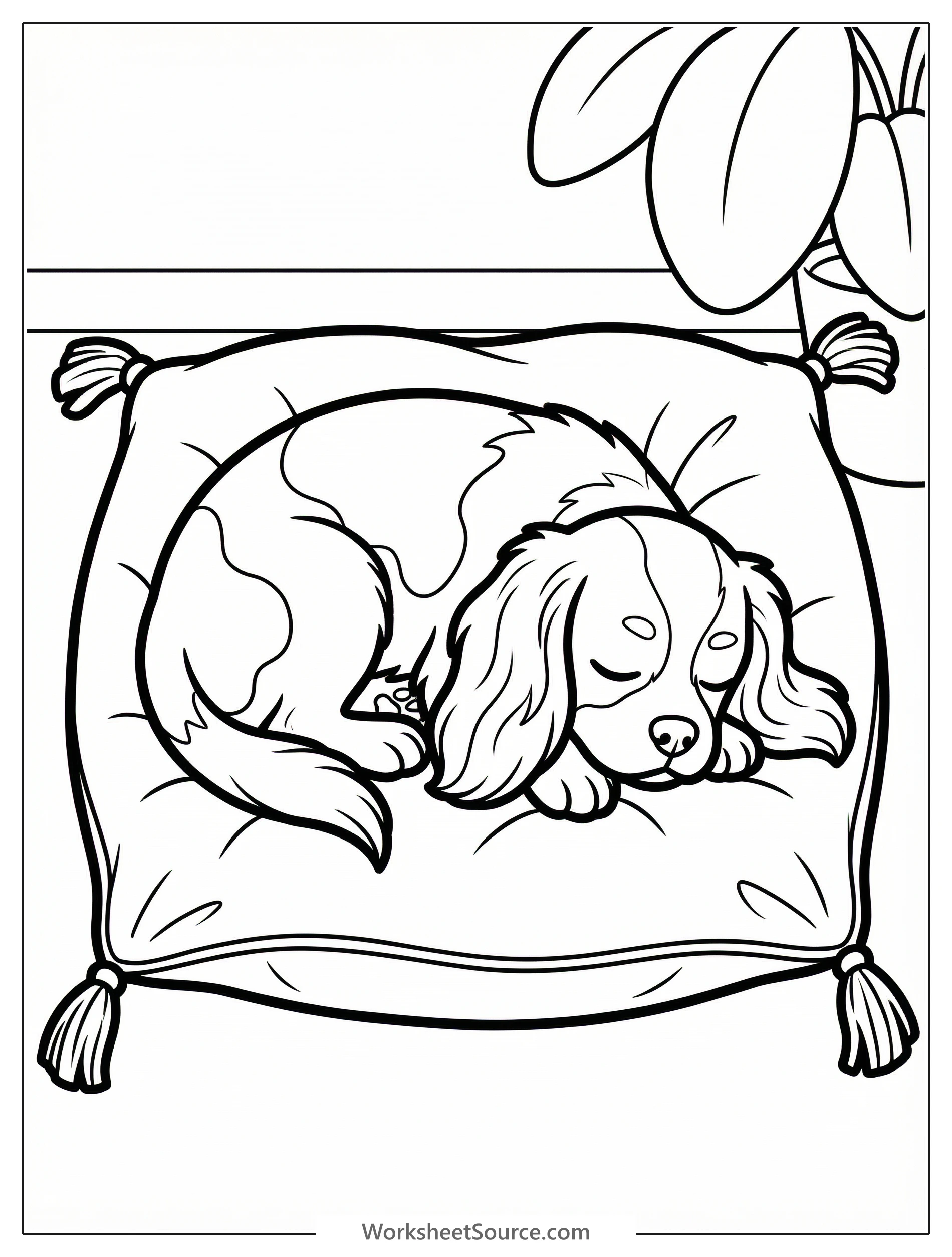 An outline drawing of a Cavalier King Charles Spaniel puppy sleeping peacefully on a plush, tufted velvet cushion, seen from a high angle. The puppy's paws are tucked under, and its long ears drape ov