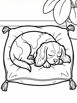 An outline drawing of a Cavalier King Charles Spaniel puppy sleeping peacefully on a plush, tufted velvet cushion, seen from a high angle. The puppy's paws are tucked under, and its long ears drape ov