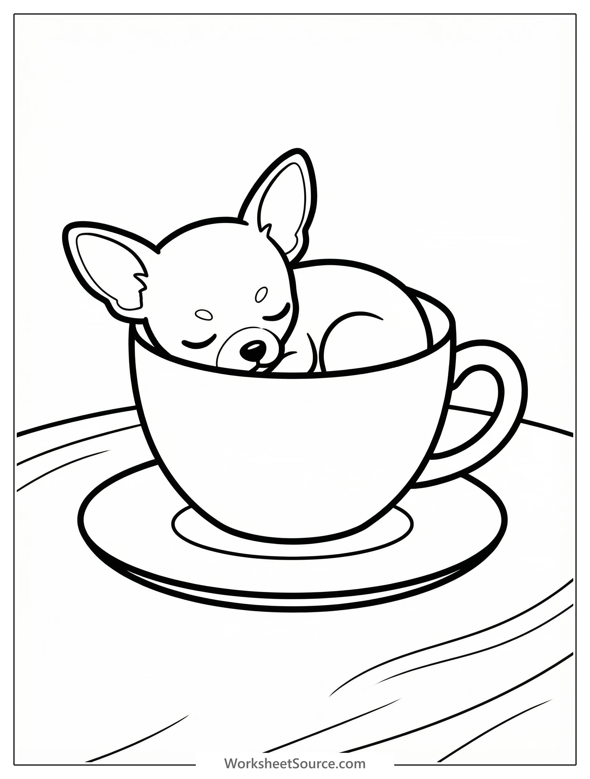 A tiny chihuahua puppy, light brown and white, is curled up fast asleep inside a delicate porcelain teacup on a soft surface. Its eyes are closed in peaceful slumber, perfectly nestled within the cup.