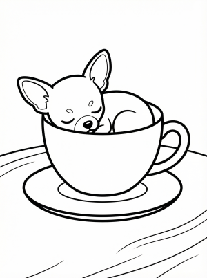 A tiny chihuahua puppy, light brown and white, is curled up fast asleep inside a delicate porcelain teacup on a soft surface. Its eyes are closed in peaceful slumber, perfectly nestled within the cup.