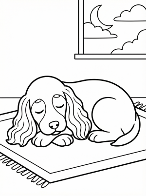 A peaceful cocker spaniel dog sleeps soundly, curled up with long, wavy ears draped softly. Its eyes are closed and a gentle expression rests on its face.