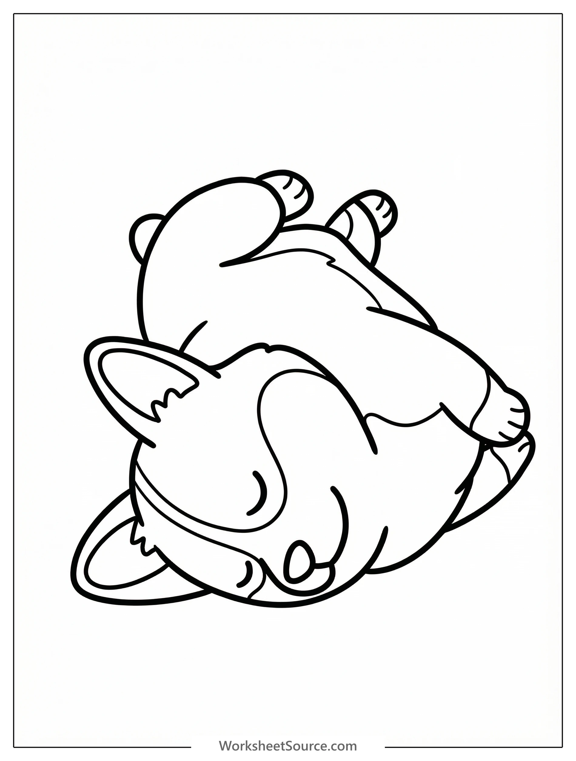 Line art of a fluffy corgi puppy sleeping soundly on its back with all four tiny legs playfully extended upwards. Its eyes are closed and a gentle smile is on its face, indicating deep relaxation.