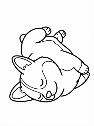 Line art of a fluffy corgi puppy sleeping soundly on its back with all four tiny legs playfully extended upwards. Its eyes are closed and a gentle smile is on its face, indicating deep relaxation.