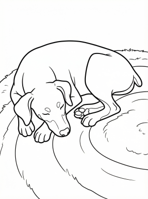 Black and white line art of a Doberman Pinscher dog sleeping peacefully and elegantly on a textured carpet. The dog's muzzle rests on its paws.