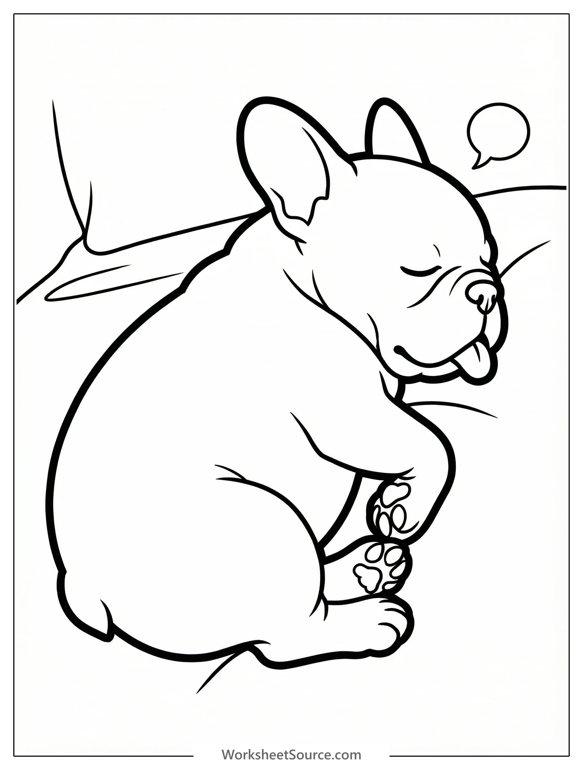 A sleepy French Bulldog puppy soundly snores with its tongue slightly extended, curled up for a nap. A charming and calm coloring page for kids.