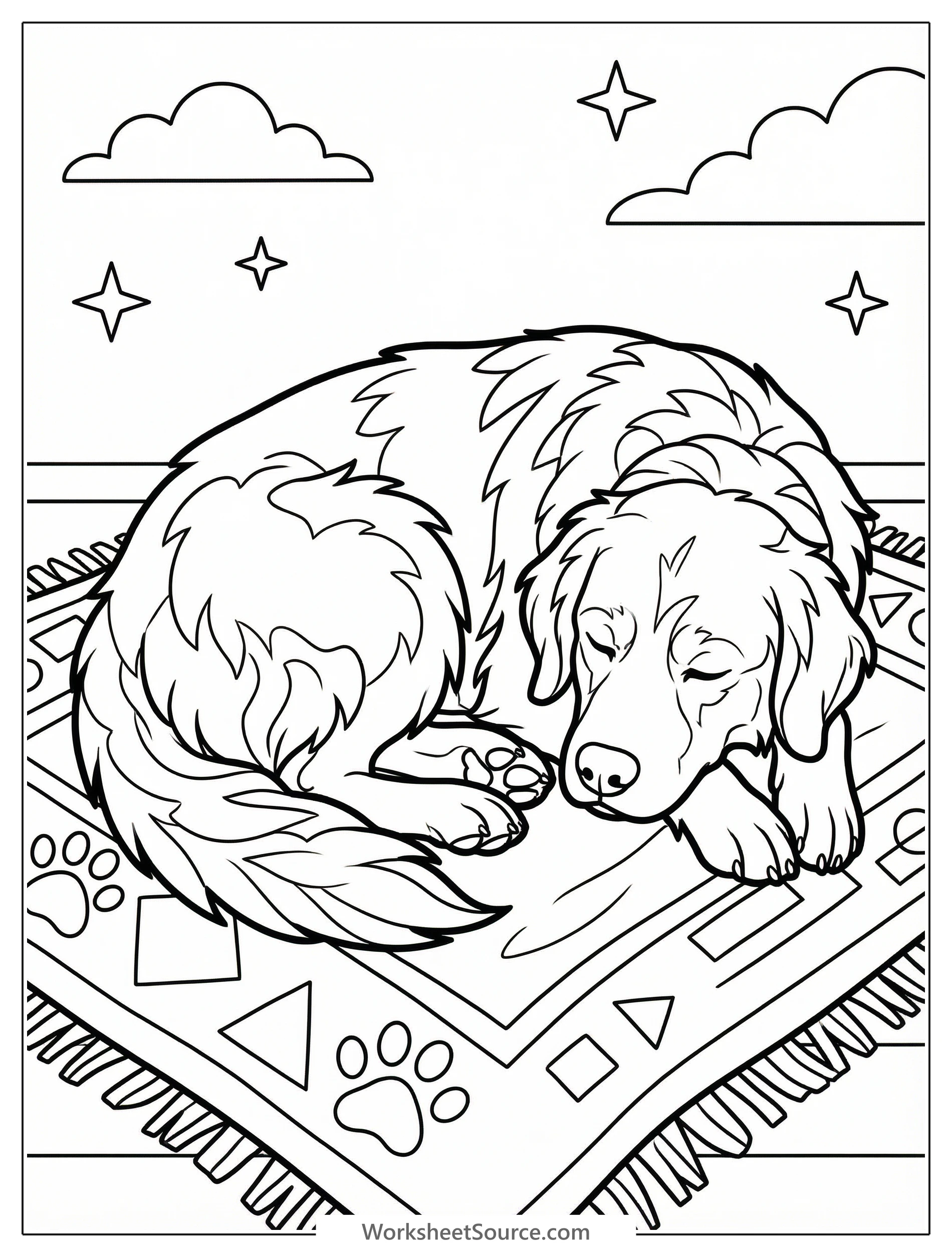 Outline drawing of a golden retriever dog sleeping soundly on a soft, textured rug. The dog's paws are tucked, eyes gently closed, and tail is curled, inviting children to add color and detail.