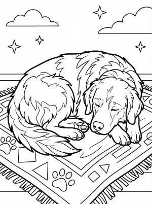 Outline drawing of a golden retriever dog sleeping soundly on a soft, textured rug. The dog's paws are tucked, eyes gently closed, and tail is curled, inviting children to add color and detail.