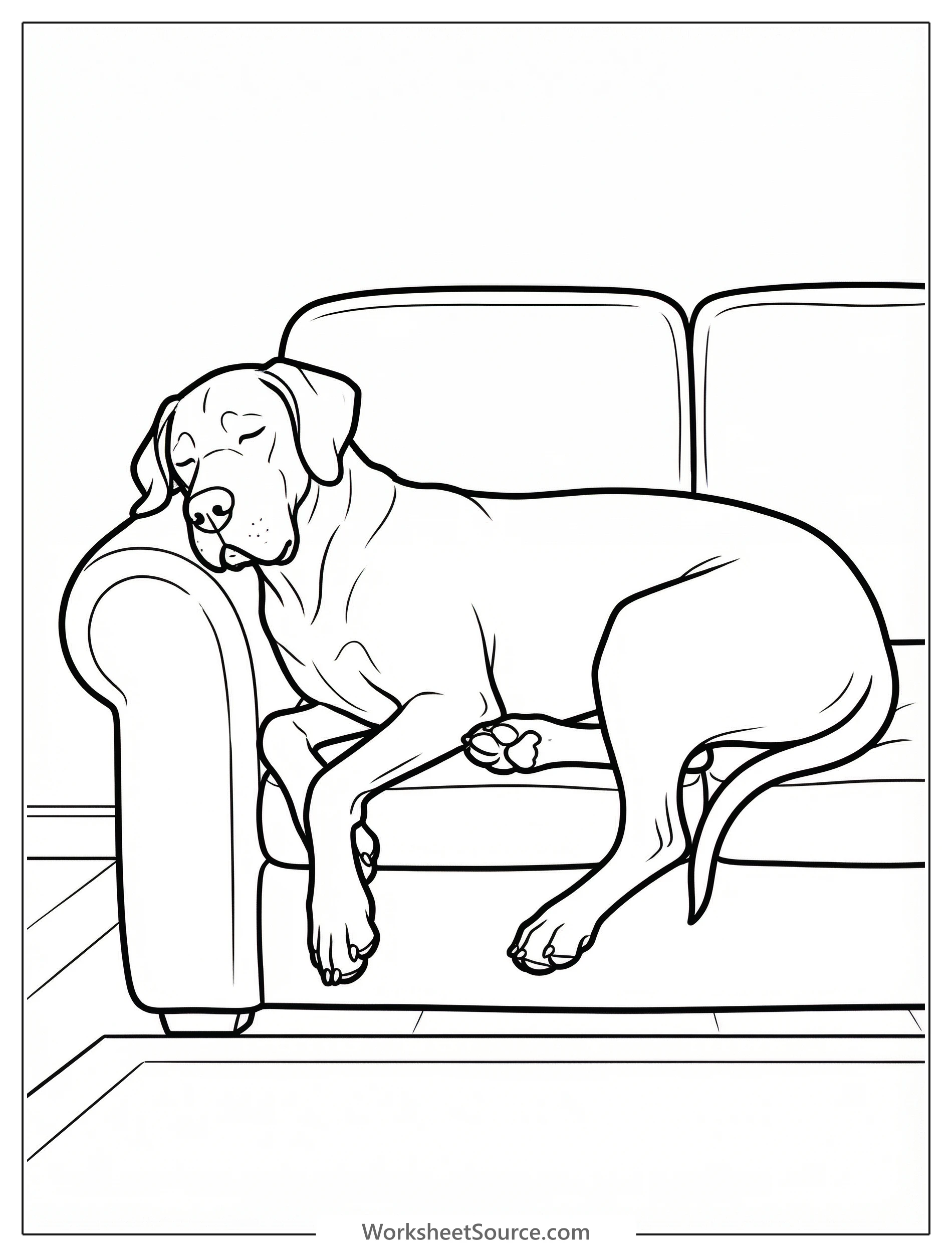 Line art illustration of a very large Great Dane dog fast asleep on an entire sofa, paws stretched out, with its head resting on the cushion.