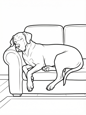 Line art illustration of a very large Great Dane dog fast asleep on an entire sofa, paws stretched out, with its head resting on the cushion.