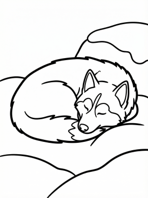 Siberian husky dog curled up asleep in a snowy landscape. The dog's fluffy tail covers its nose, suggesting warmth and comfort. Gentle snow surrounds it.