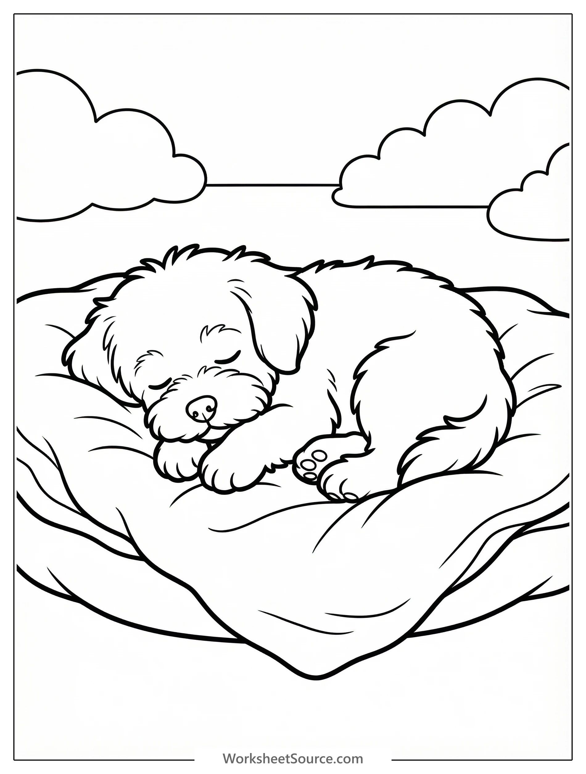 Line art illustration of a fluffy white Maltese puppy sleeping peacefully on a soft, textured blanket, suitable for coloring activities.