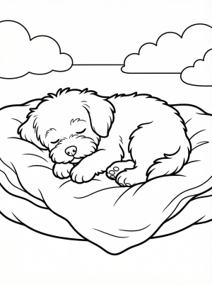 Line art illustration of a fluffy white Maltese puppy sleeping peacefully on a soft, textured blanket, suitable for coloring activities.