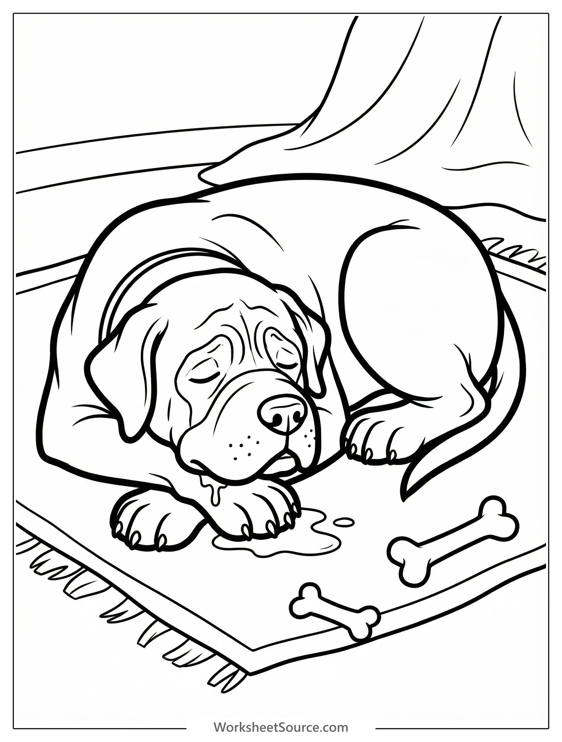 A gentle English Mastiff dog, massive in size, is depicted sleeping soundly on its side. Its jowls are slightly open, showing a hint of drool.