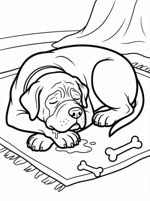 A gentle English Mastiff dog, massive in size, is depicted sleeping soundly on its side. Its jowls are slightly open, showing a hint of drool.