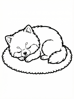 An endearing pomeranian puppy in deep sleep, curled comfortably on a plush, fuzzy rug. The fluffy fur and soft texture are ready for coloring.