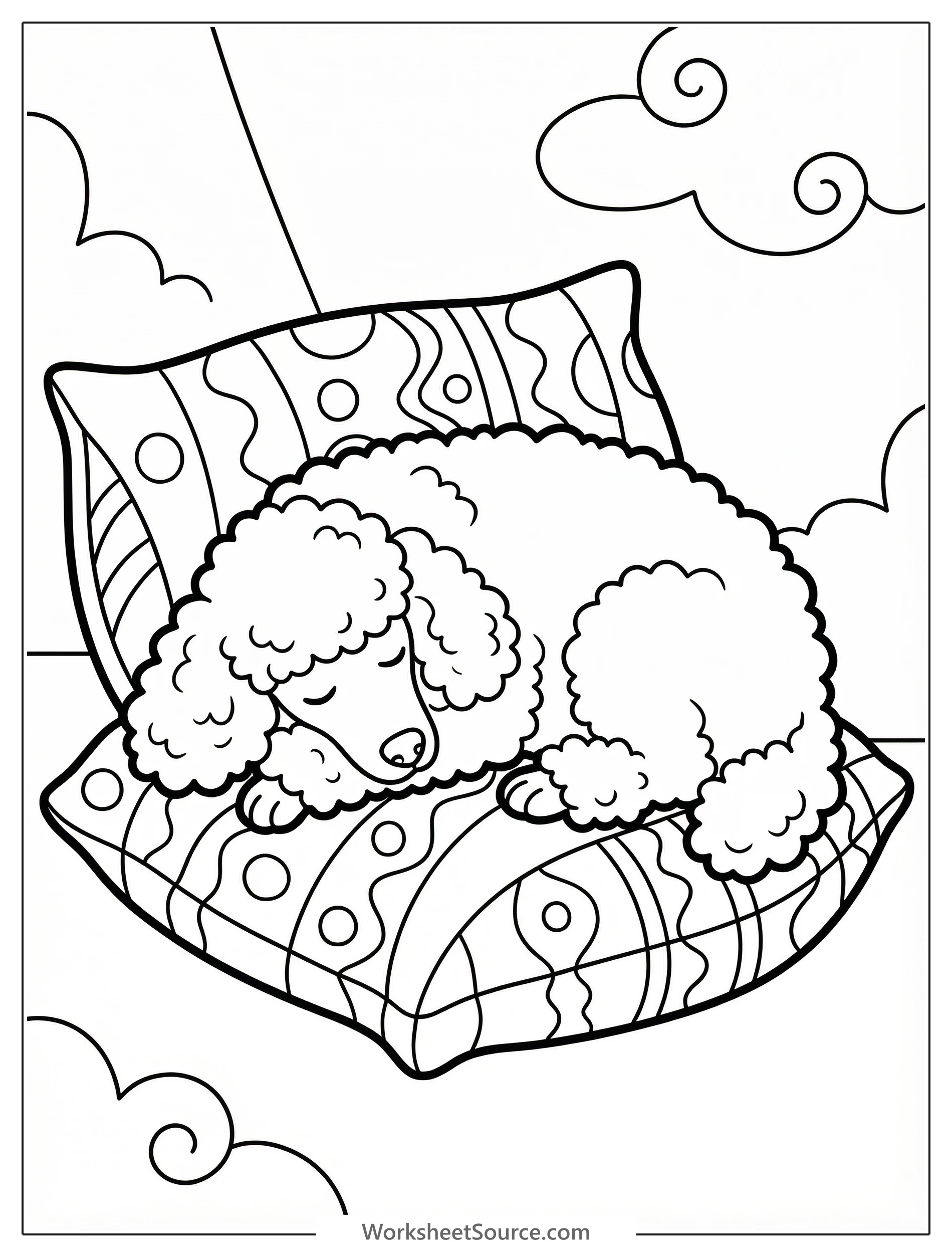 Outline illustration of a fluffy poodle dog soundly asleep on a plump, ornate pillow. The dog's fur is textured, and the pillow features decorative details.