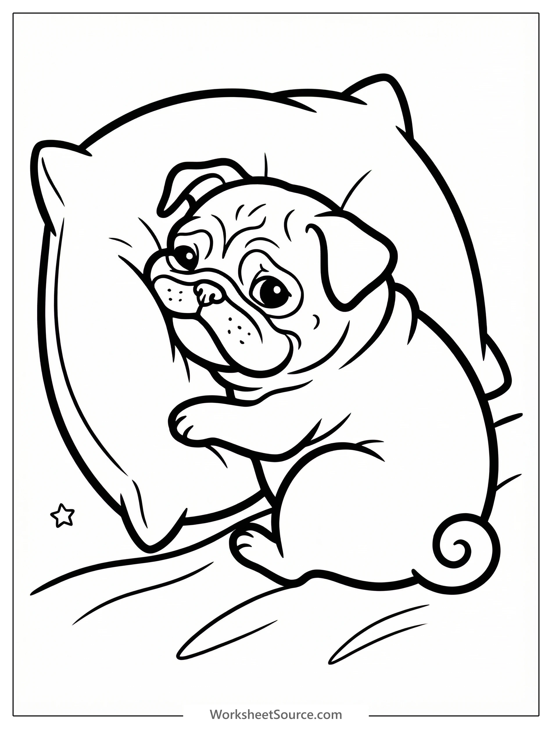 A cute pug puppy is fast asleep with its squished face pressed against a soft, plush pillow, showing a peaceful and adorable scene for coloring.