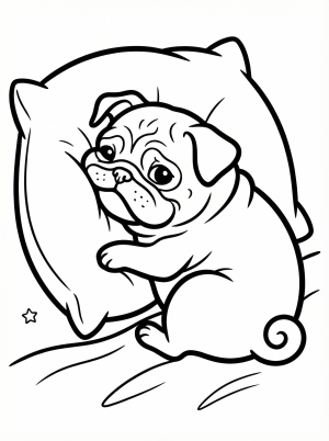 A cute pug puppy is fast asleep with its squished face pressed against a soft, plush pillow, showing a peaceful and adorable scene for coloring.