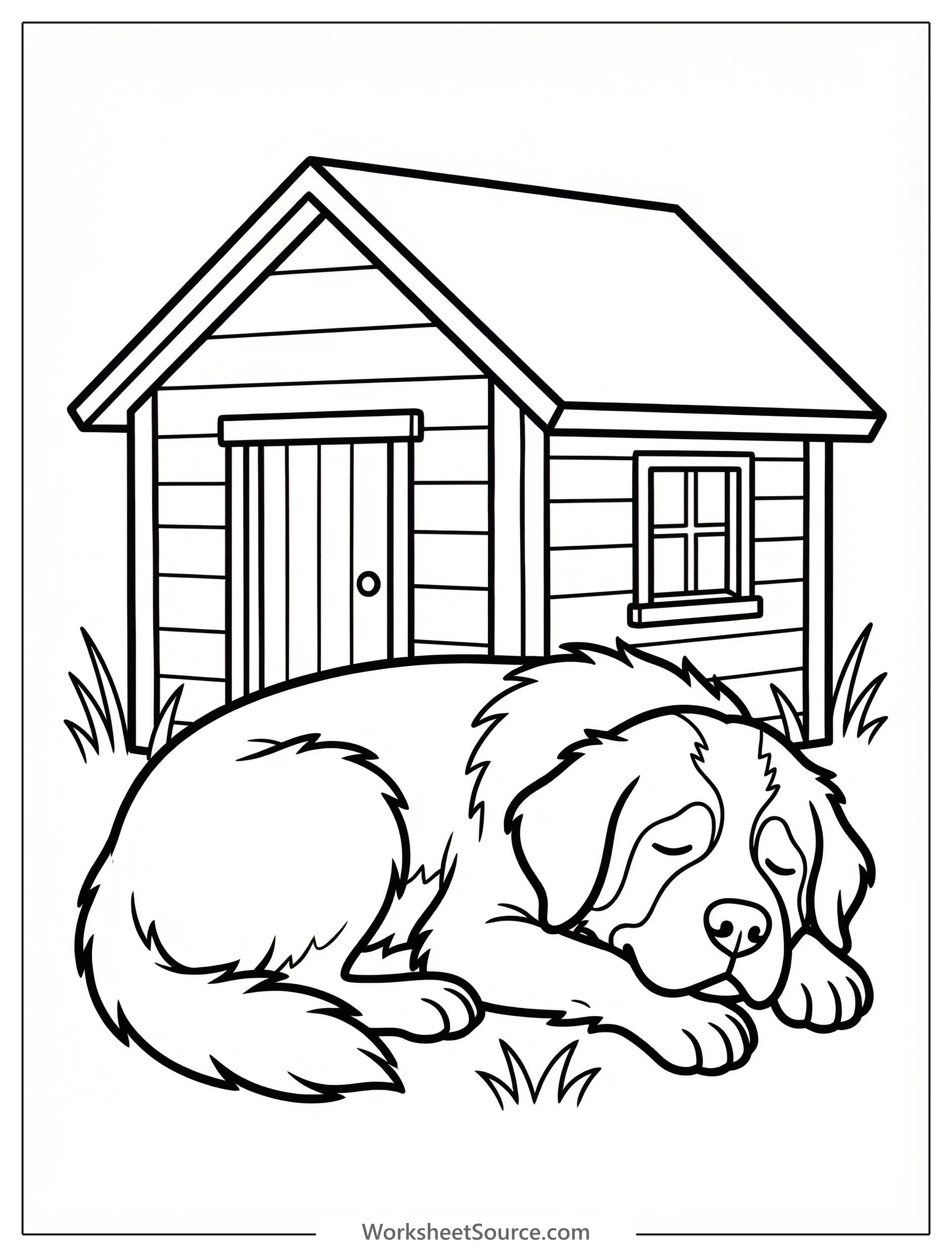 A huge, fluffy Saint Bernard dog with its distinctive markings sleeps soundly in front of a rustic wooden cabin. The dog's head is resting on its paws, suggesting a peaceful nap in a cozy mountain set
