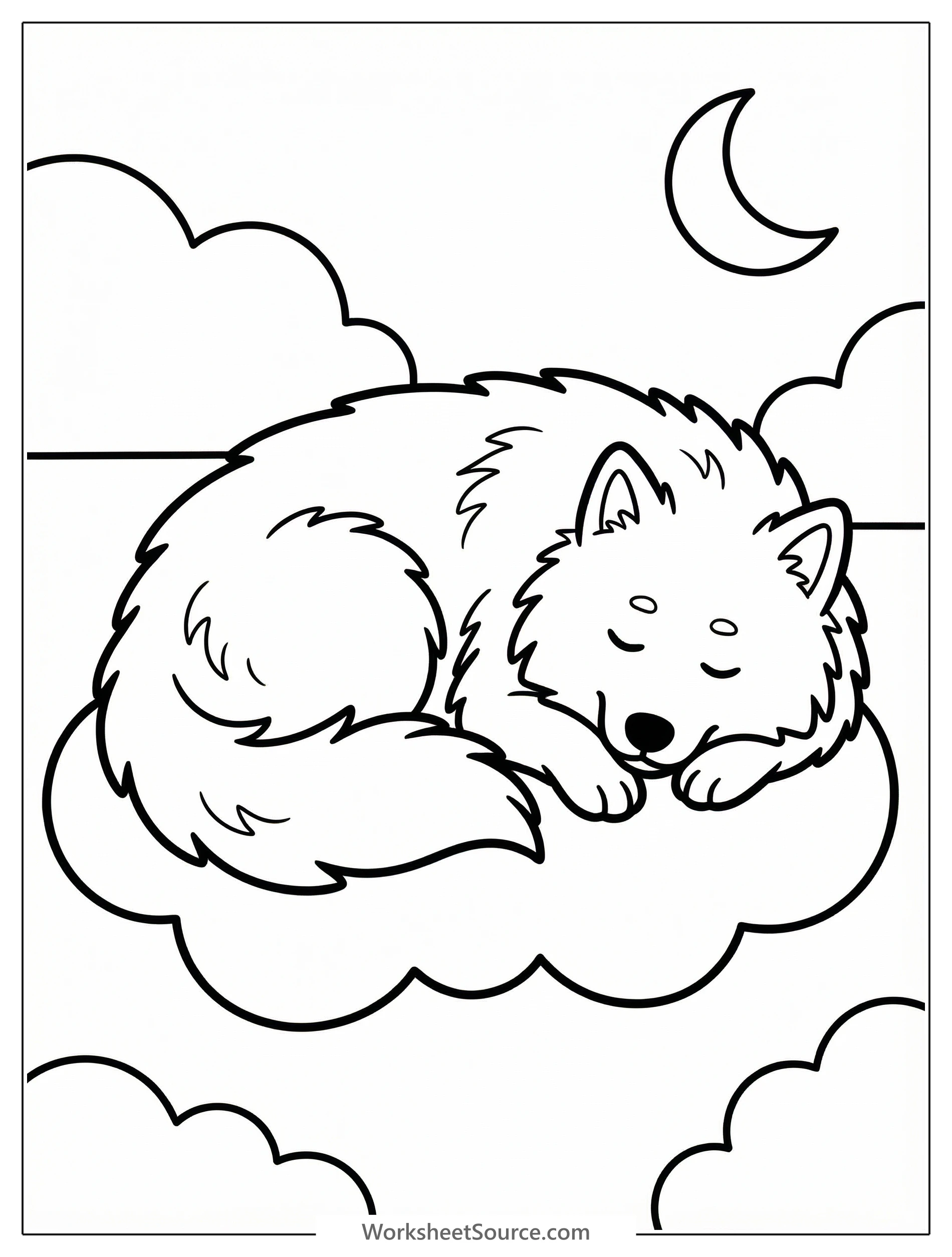 Outline drawing of a fluffy Samoyed puppy sleeping peacefully like a cloud, curled up on its side with closed eyes and a gentle smile, ready for coloring.
