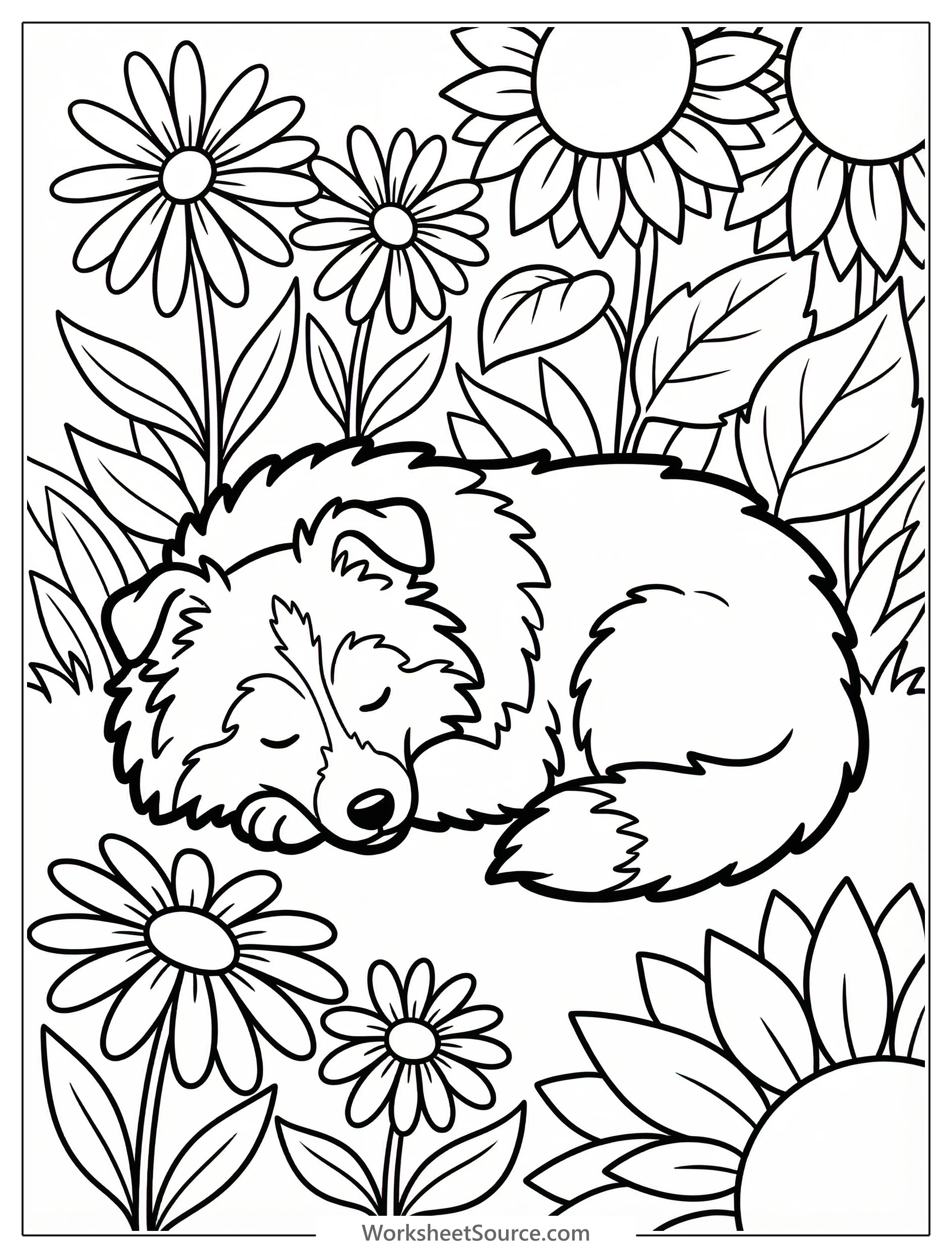 An adorable Shetland Sheepdog puppy with soft fur rests peacefully asleep amidst colorful flowers and green leaves in a vibrant garden. Serene and detailed.