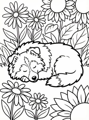 An adorable Shetland Sheepdog puppy with soft fur rests peacefully asleep amidst colorful flowers and green leaves in a vibrant garden. Serene and detailed.