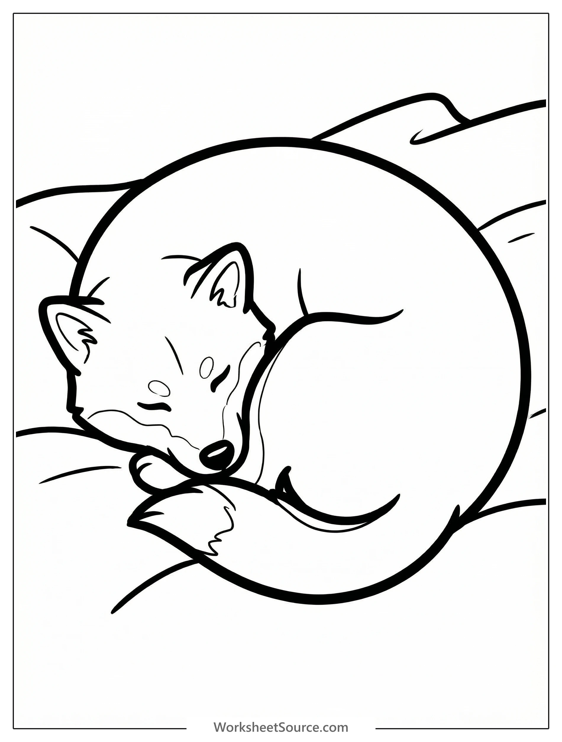 An outline drawing of a Shiba Inu dog sleeping soundly curled into a tight circle, its tail tucked and head resting peacefully. Perfect for coloring.