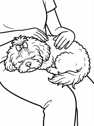 A fluffy shih tzu dog with a small bow sleeps peacefully on a lap. Its fur is soft and textured, and the scene evokes a sense of calm and warmth.