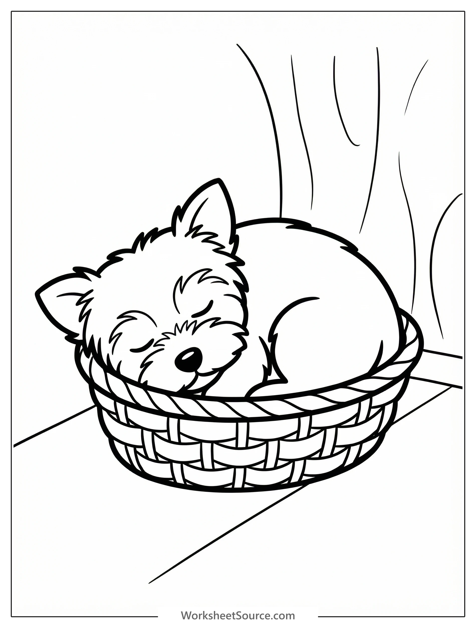 Outline coloring page of a tiny Yorkshire Terrier puppy sound asleep, curled up peacefully inside a small, round woven basket.