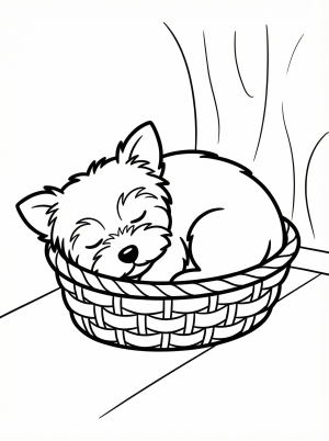 Outline coloring page of a tiny Yorkshire Terrier puppy sound asleep, curled up peacefully inside a small, round woven basket.