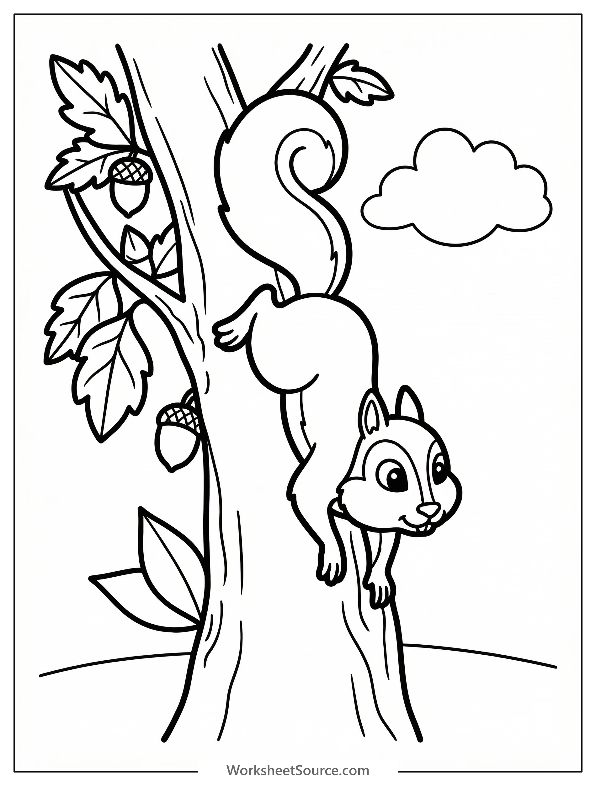Outline drawing of a furry squirrel with a bushy tail climbing headfirst down the textured trunk of a tree. The squirrel's legs are spread wide.