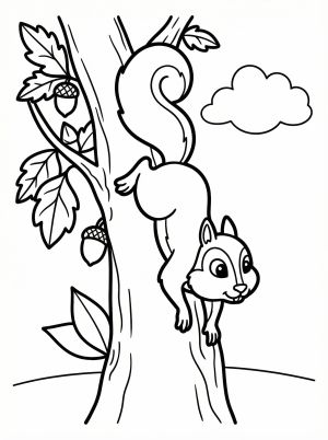 Outline drawing of a furry squirrel with a bushy tail climbing headfirst down the textured trunk of a tree. The squirrel's legs are spread wide.